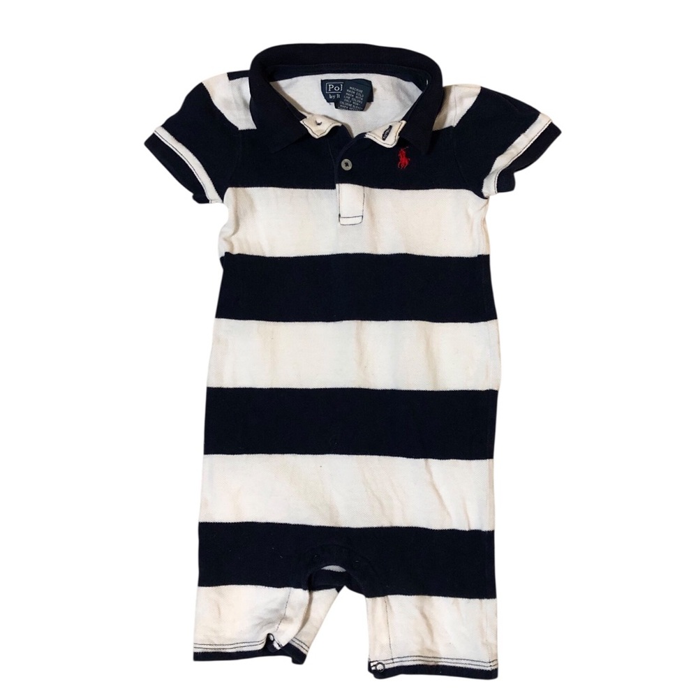 Ralph Lauren Navy & White Stripe Shirt Sleeve & Shorts One Piece Outfit Sz 18 Mo